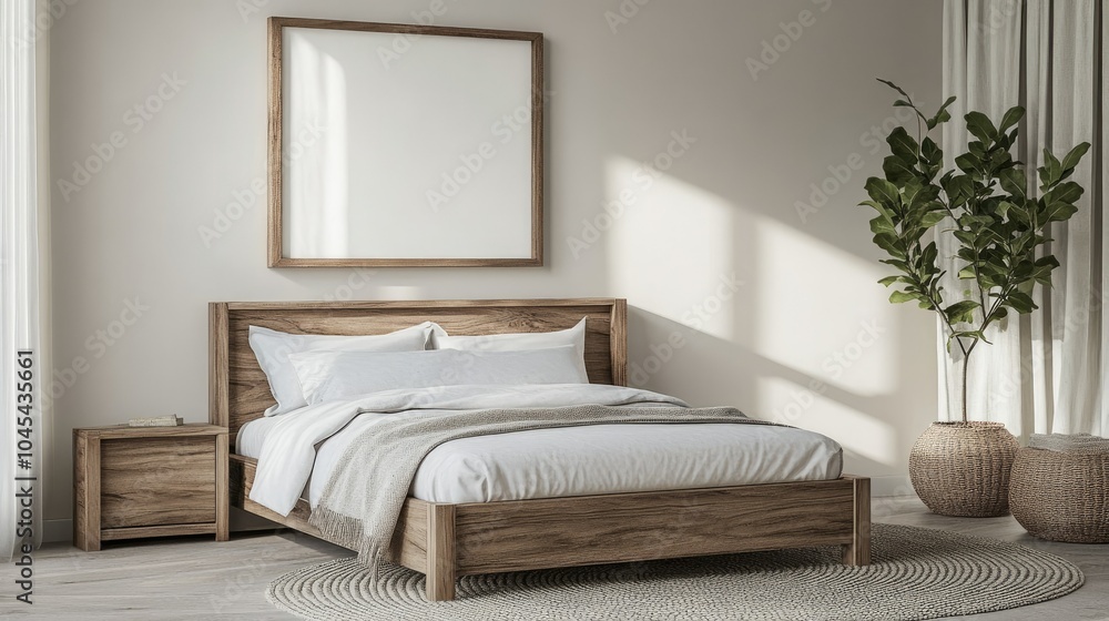 Fototapeta premium Serene bedroom scene featuring a stylish frame mockup for wall art, designed to enhance the cozy and inviting atmosphere of the space.
