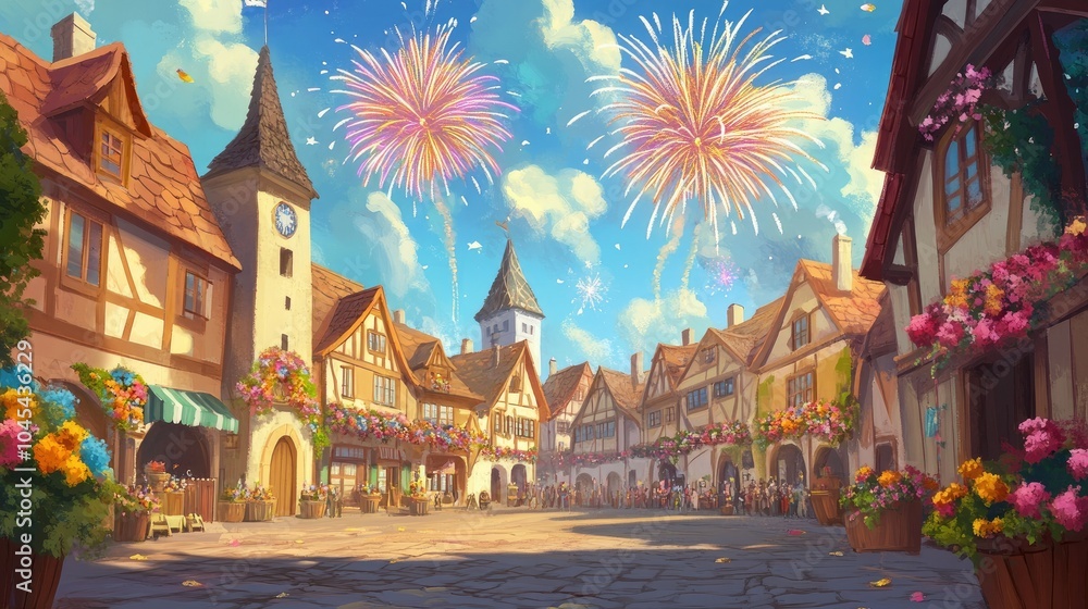 Obraz premium Cartoon fireworks explode over a European village square during a festival, with space for text