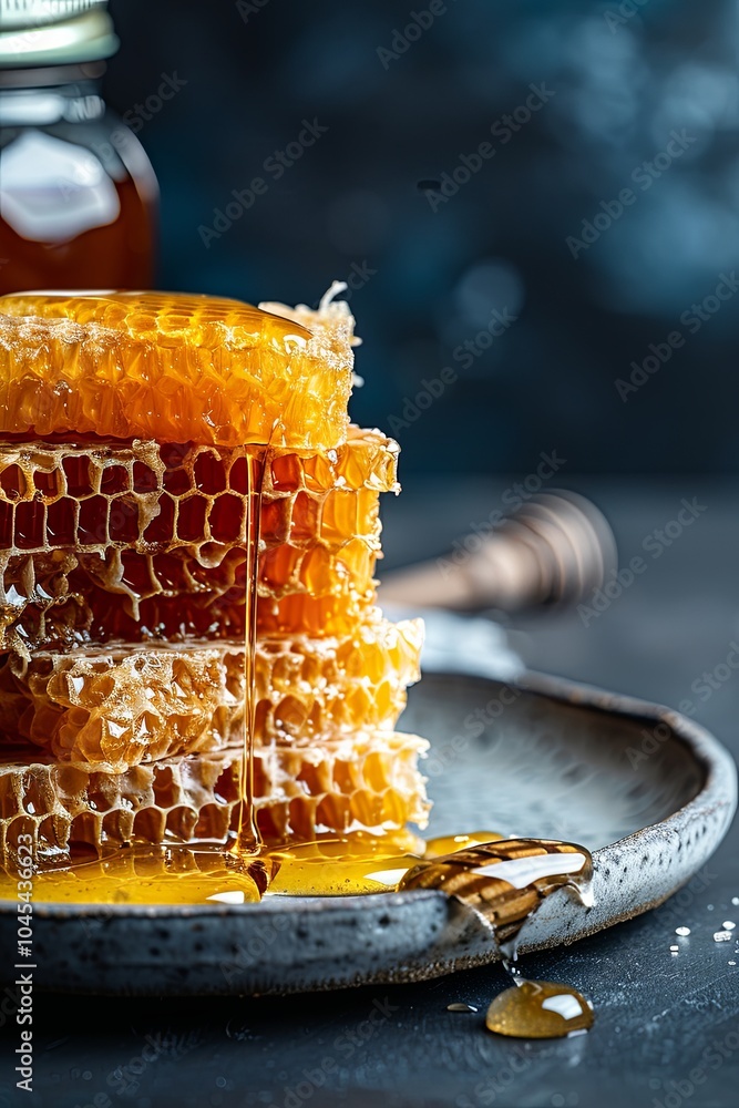 A stack of honeycomb drizzled with honey on a plate, with a jar of honey and a wooden honey dipper in the background. A stack of honeycomb drizzled with honey on a plate, with a jar of honey and a wooden honey dipper in the background.