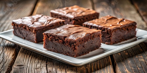 A close-up image of freshly baked brownies on a white plate, showcasing their rich, chocolatey texture and glistening surface.