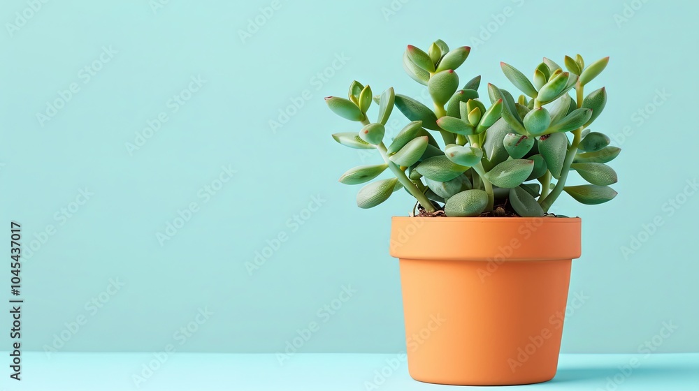 Fototapeta premium A succulent plant in a terracotta pot against a pastel blue background.