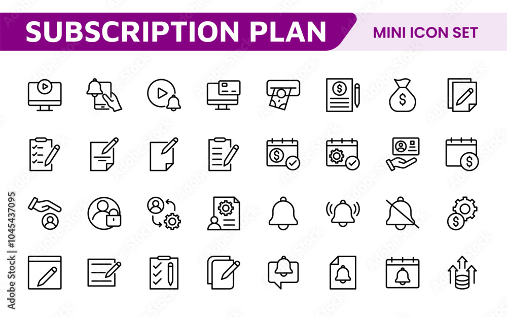 Subscription Services Icon Set. Modern and sleek icons for subscription-based platforms, perfect for enhancing user interfaces, streaming apps, SaaS products, and membership management. Subscription Services Icon Set. Modern and sleek icons for subscription-based platforms, perfect for enhancing user interfaces, streaming apps, SaaS products, and membership management.