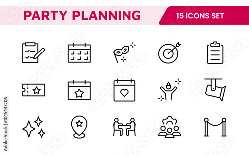 Event Planning Icon Set. Stylish and functional icons for organizers, perfect for scheduling, venue management, and event promotion, ideal for apps, websites, and marketing materials.