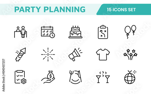 Event Planning Icon Set. Stylish and functional icons for organizers, perfect for scheduling, venue management, and event promotion, ideal for apps, websites, and marketing materials.