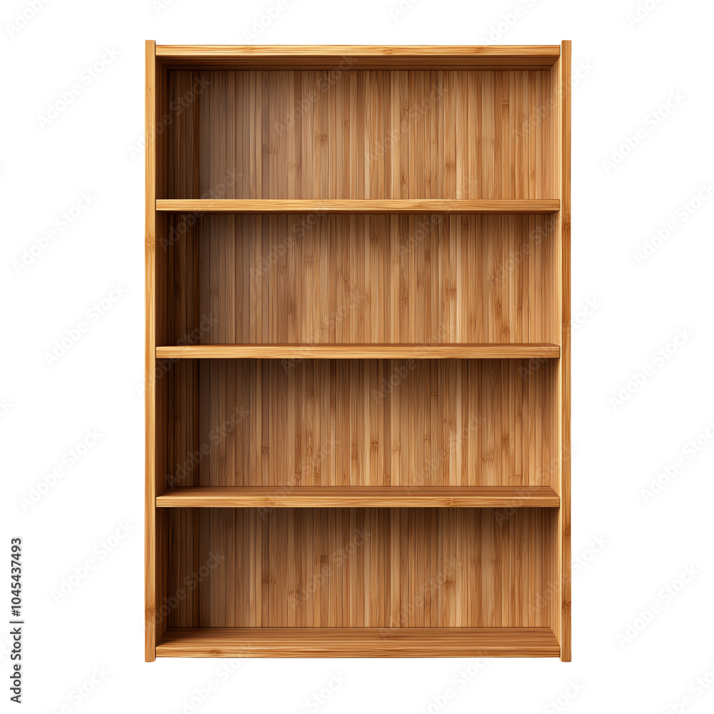 Wooden bookshelf with five spacious, empty shelves., transparent background Wooden bookshelf with five spacious, empty shelves., transparent background