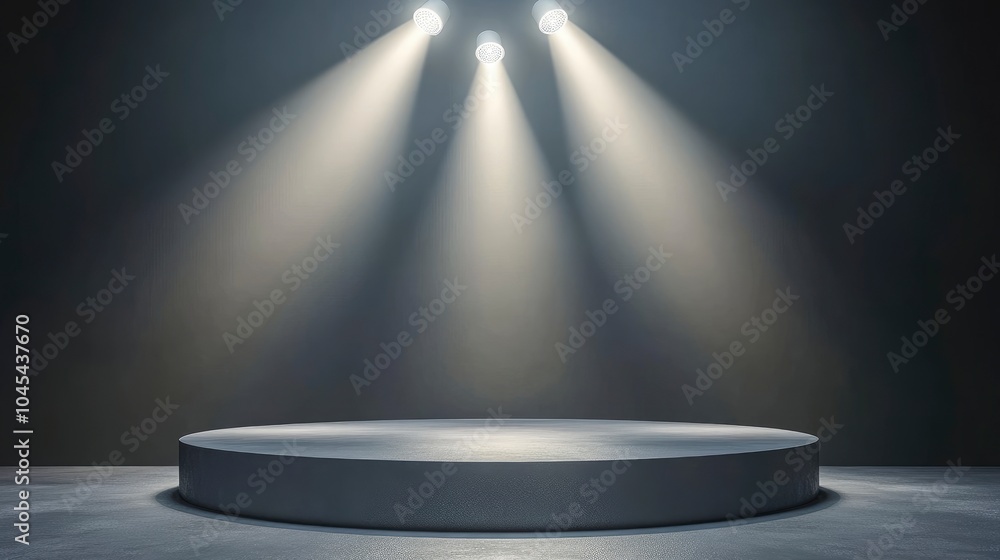 Obraz premium Gray floor podium dramatic empty night room table concrete, Minimalistic black and gray podium with dramatic lighting, empty round gray podium with steps on a background of glowing lamps