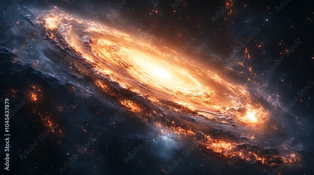 Obraz premium A fiery, swirling spiral galaxy glows with vibrant orange and yellow hues against a backdrop of twinkling stars and dark space.