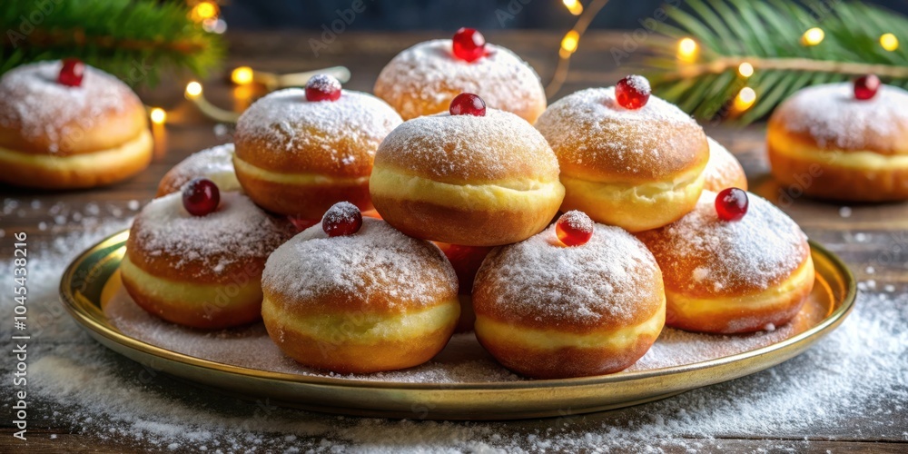 A close-up of a plate of freshly baked, powdered sugar-coated donuts, adorned with red berries, on a wooden table with a soft, festive glow. A close-up of a plate of freshly baked, powdered sugar-coated donuts, adorned with red berries, on a wooden table with a soft, festive glow.