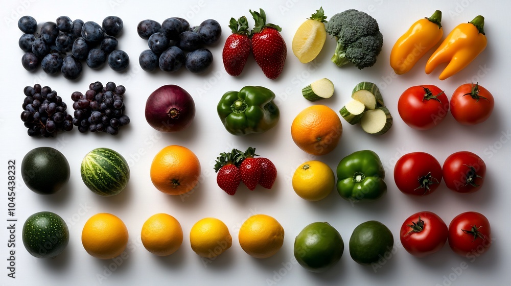 A colorful arrangement of fresh fruits and vegetables, laid out on a white background. A colorful arrangement of fresh fruits and vegetables, laid out on a white background.