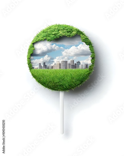 Eco-friendly cityscape depicted as a lollipop of greenery photo