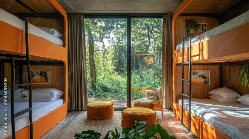 Fototapeta premium Stylish dormitory room with six orange bunks, white bed linens, and a comfortable seating area, surrounded by greenery outside.