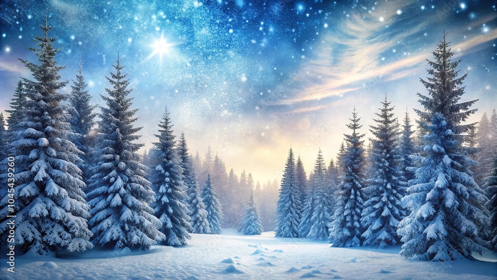 Snowy forest landscape with tall trees and snowflakes falling gently from the sky, frosty scene, twinkling lights, winter wonderland, evergreen trees Snowy forest landscape with tall trees and snowflakes falling gently from the sky, frosty scene, twinkling lights, winter wonderland, evergreen trees