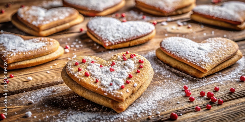 Heart-shaped cookies dusted with powdered sugar and adorned with red sprinkles rest on a rustic wooden surface. Heart-shaped cookies dusted with powdered sugar and adorned with red sprinkles rest on a rustic wooden surface.