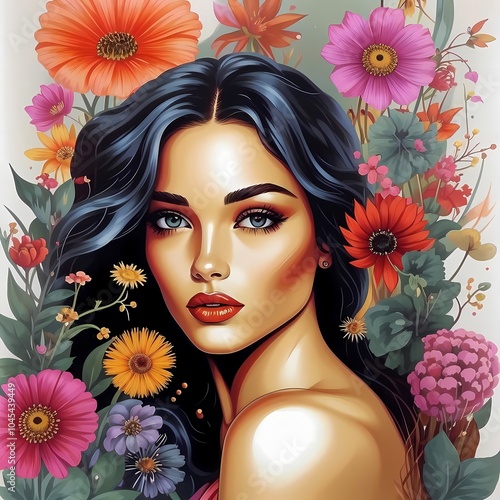 Сolourful portrait of a tanned expressive woman among flowers