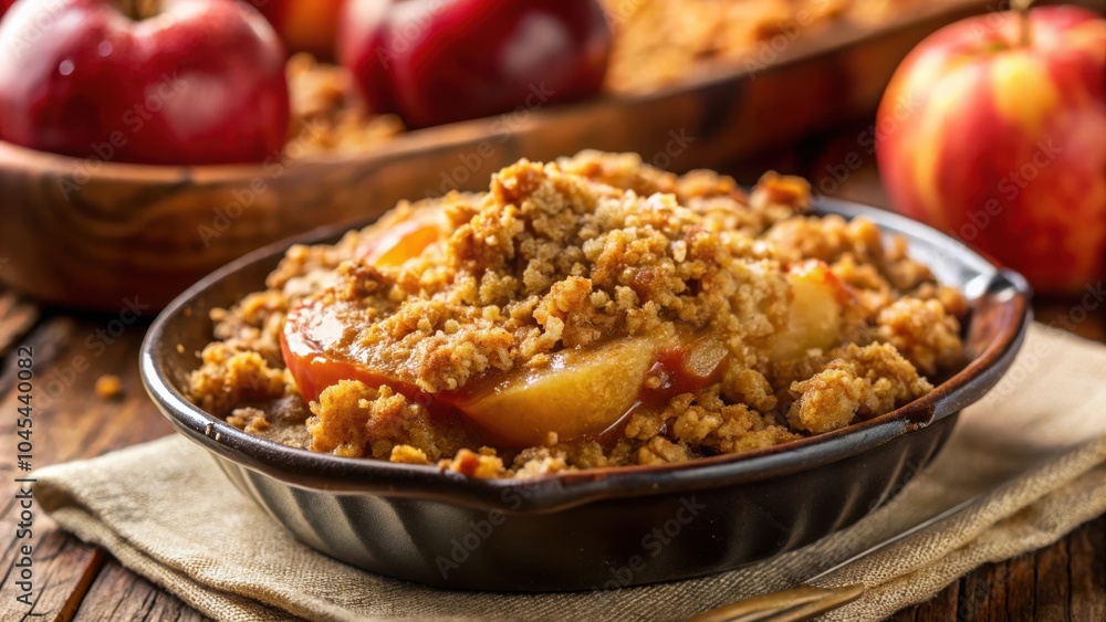A close-up of a warm apple crisp with a golden brown crumble topping, showcasing the caramelized apple slices underneath A close-up of a warm apple crisp with a golden brown crumble topping, showcasing the caramelized apple slices underneath