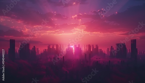 Futuristic Energy Plant with Transparent Fuel Tubes and Vibrant Sunset Skyline photo