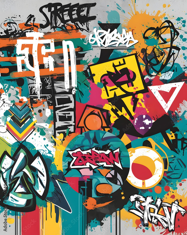 Vibrant urban street art collage showcasing graffiti styles and bold ...