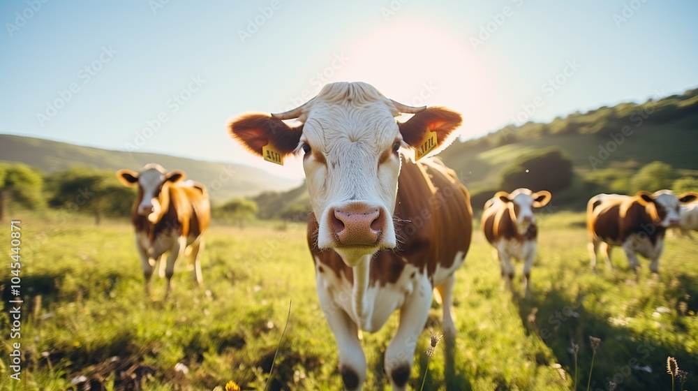 A herd of cows grazing in a meadow during summer at sunset A herd of cows grazing in a meadow during summer at sunset