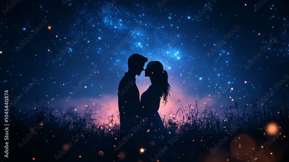 Obraz premium A couple under a starry sky in a field.