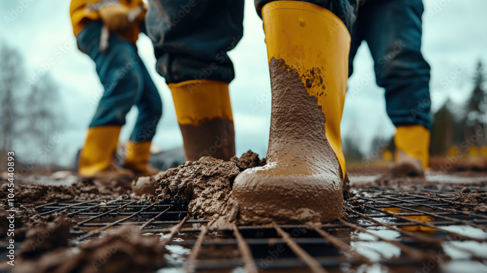 Pouring concrete on steel mesh grid, workers in yellow boots are engaged in construction. scene captures hard work and dedication involved in building projects Pouring concrete on steel mesh grid, workers in yellow boots are engaged in construction. scene captures hard work and dedication involved in building projects