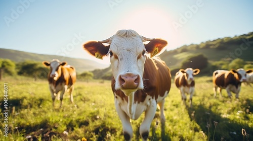 A herd of cows grazing in a meadow during summer at sunset