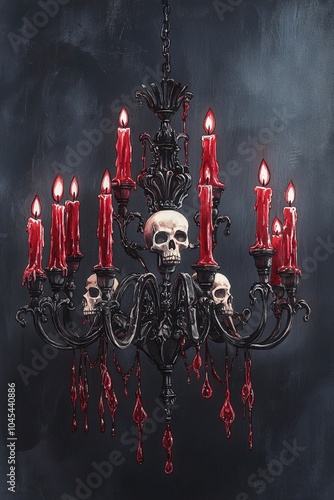 A dark elegance a skull-embellished chandelier dripping with red wax candles for haunting ambiance