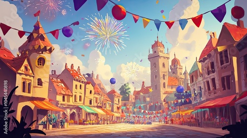 Wallpaper Mural Cartoon-style European festival with colorful decorations and fireworks, with ample space for text Torontodigital.ca