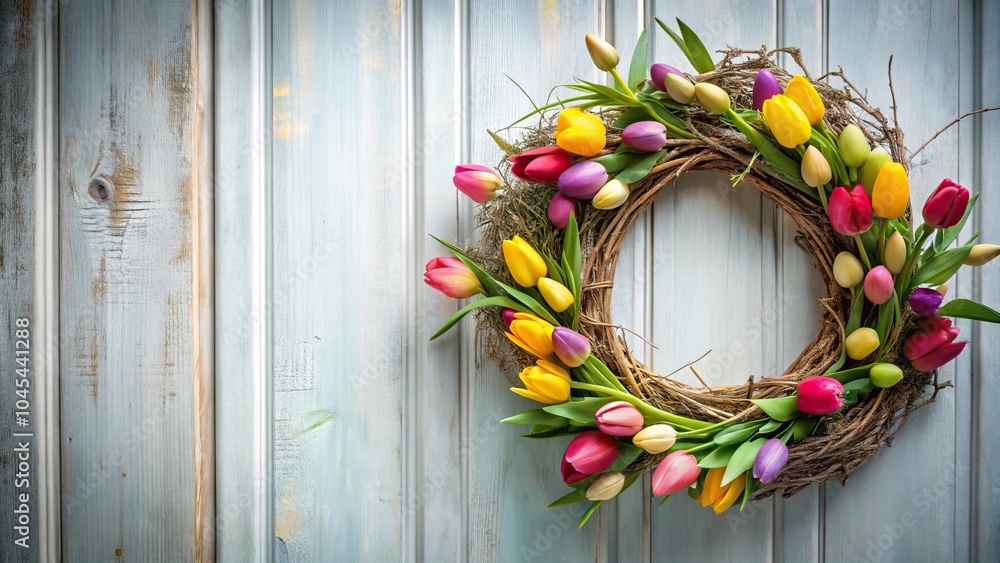 Springtime Easter wreath made of twisted branches and fresh greenery hung on a door with a vase of colorful tulips, branches, doors, tulips, easter wreaths Springtime Easter wreath made of twisted branches and fresh greenery hung on a door with a vase of colorful tulips, branches, doors, tulips, easter wreaths