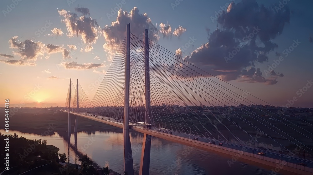 Fototapeta premium Modern 3D Suspension Bridge at Sunset with Wide Angle View