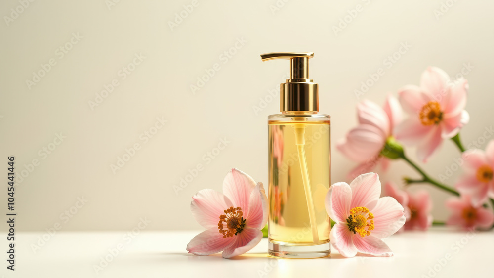 Luxurious perfume bottle with a sleek pump dispenser, surrounded by soft pink blossoms. Ideal for beauty, fragrance, and self-care themes. Luxurious perfume bottle with a sleek pump dispenser, surrounded by soft pink blossoms. Ideal for beauty, fragrance, and self-care themes.