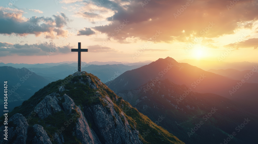 stunning cross stands atop mountain, silhouetted against vibrant sunset. scene captures beauty of nature and serenity of moment, evoking sense of peace and reflection stunning cross stands atop mountain, silhouetted against vibrant sunset. scene captures beauty of nature and serenity of moment, evoking sense of peace and reflection