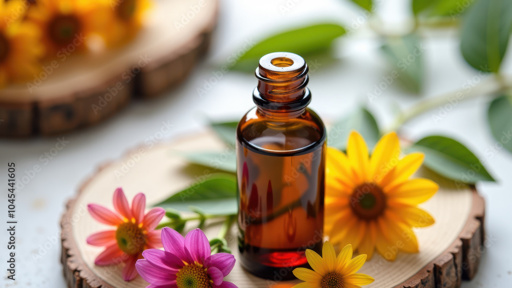 An amber essential oil bottle placed on a wooden slice, surrounded by colorful flowers and green leaves. Perfect for promoting natural wellness, organic beauty, or aromatherapy products. An amber essential oil bottle placed on a wooden slice, surrounded by colorful flowers and green leaves. Perfect for promoting natural wellness, organic beauty, or aromatherapy products.