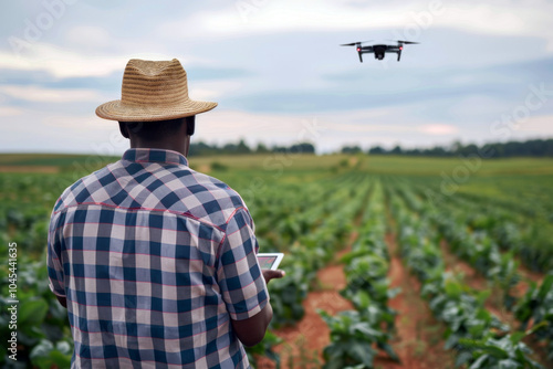 Farmer controls drone in green field. Smart modern agricultural practices with technology and machinery