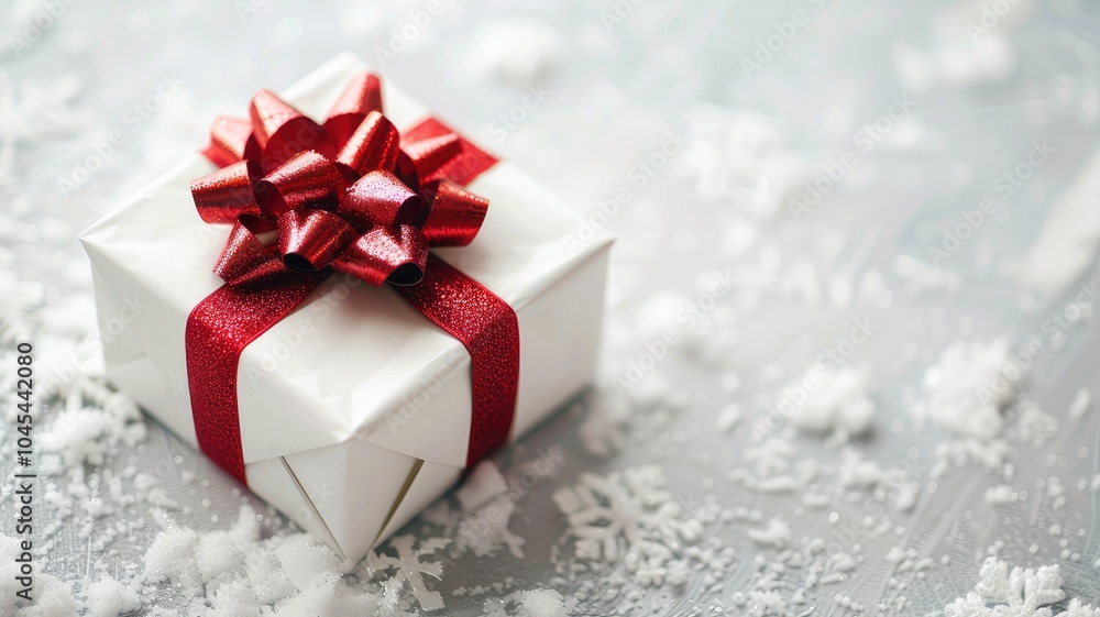 A white gift box with a red bow sits beautifully in the snow A white gift box with a red bow sits beautifully in the snow