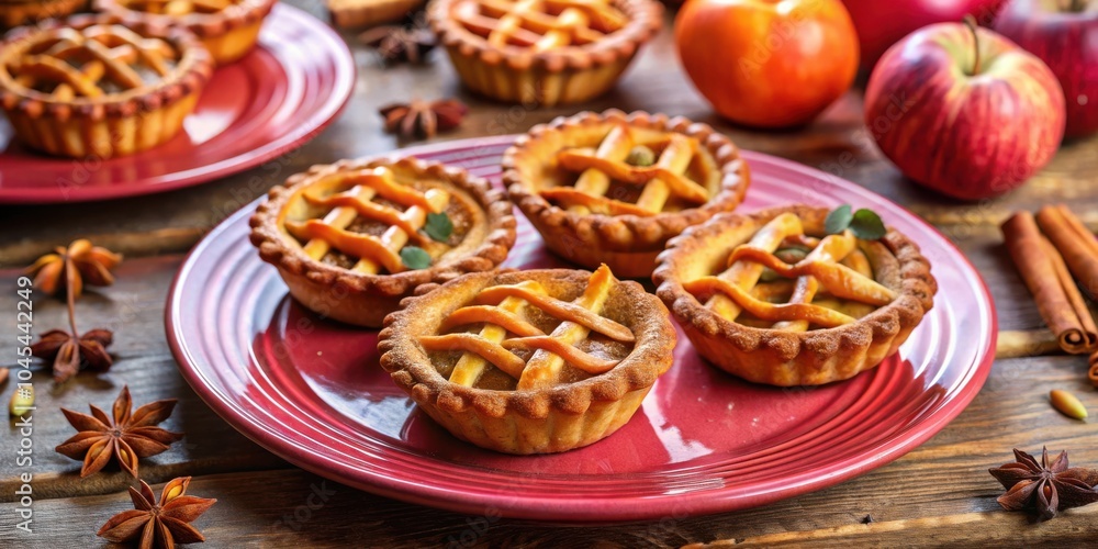 Miniature apple pies with a lattice crust, cinnamon sticks, and star anise on a wooden table Miniature apple pies with a lattice crust, cinnamon sticks, and star anise on a wooden table