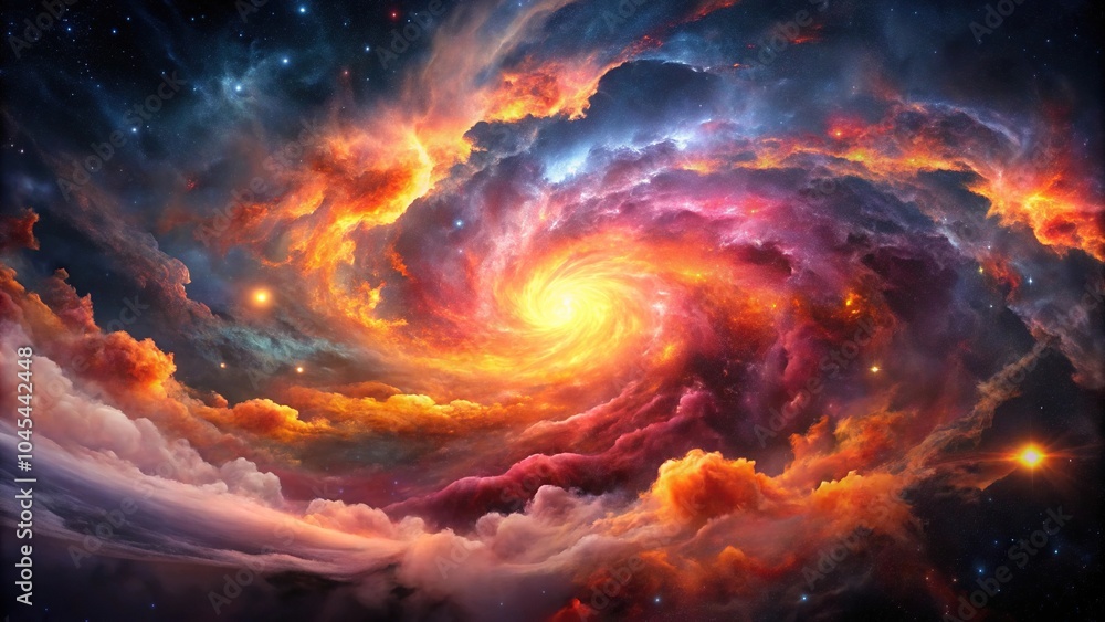 Swirling clouds of pink and orange gas against a backdrop of dark gray and black, with a distant galaxy visible in the distance, stars, space, deep space, celestial Swirling clouds of pink and orange gas against a backdrop of dark gray and black, with a distant galaxy visible in the distance, stars, space, deep space, celestial