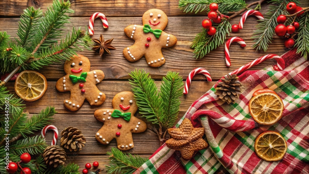 A festive gingerbread men arrangement surrounded by Christmas tree branches, candy canes, and dried orange slices. A festive gingerbread men arrangement surrounded by Christmas tree branches, candy canes, and dried orange slices.