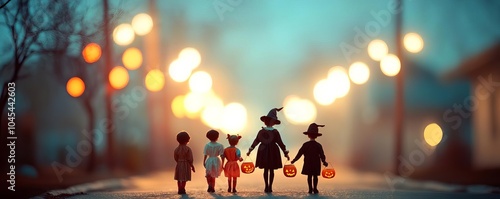 Vintage Halloween scene with kids in old-fashioned costumes trick-or-treating under streetlights, Halloween trick-or-treat, retro Halloween
