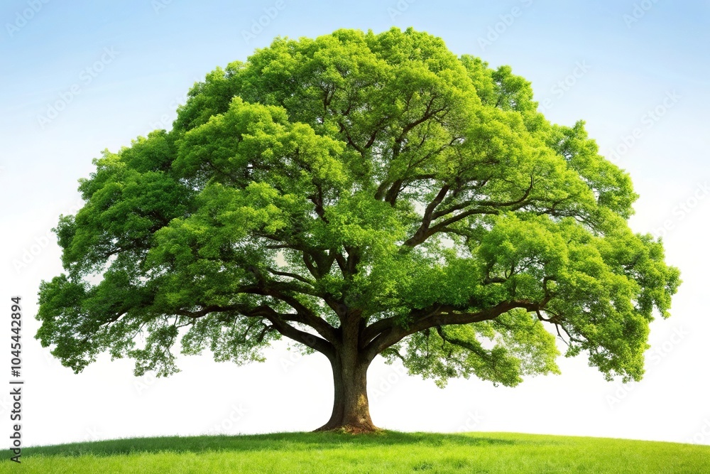 Tall isolated oak tree with green leaves tilted angle Tall isolated oak tree with green leaves tilted angle