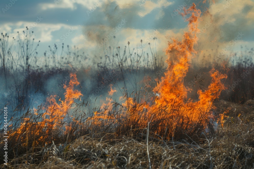 Fototapeta premium Wild fire burning dried grass on field during the day. Wild forest fire. Environmental concept