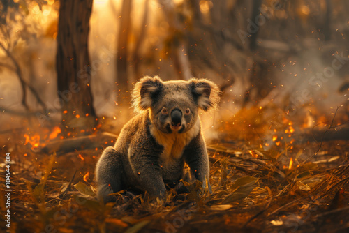 A tired koala is sitting in the middle of a burned Australian forest. Wild bush forest fire. Wild animal in the midst of wasteland after a fire. Environmental concept photo