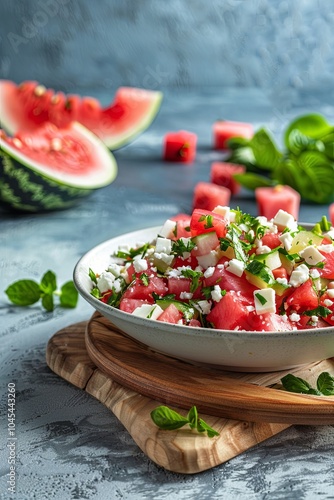 Fresh watermelon salad with feta cheese, mint, and cucumber in a white bowl.