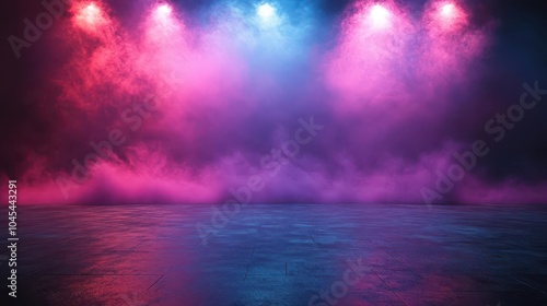 an empty stage shrouded in deep blue and purple hues illuminated by soft pink neon lights and swirling smoke creating a dramatic scene that beckons for a performance or unveiling of art