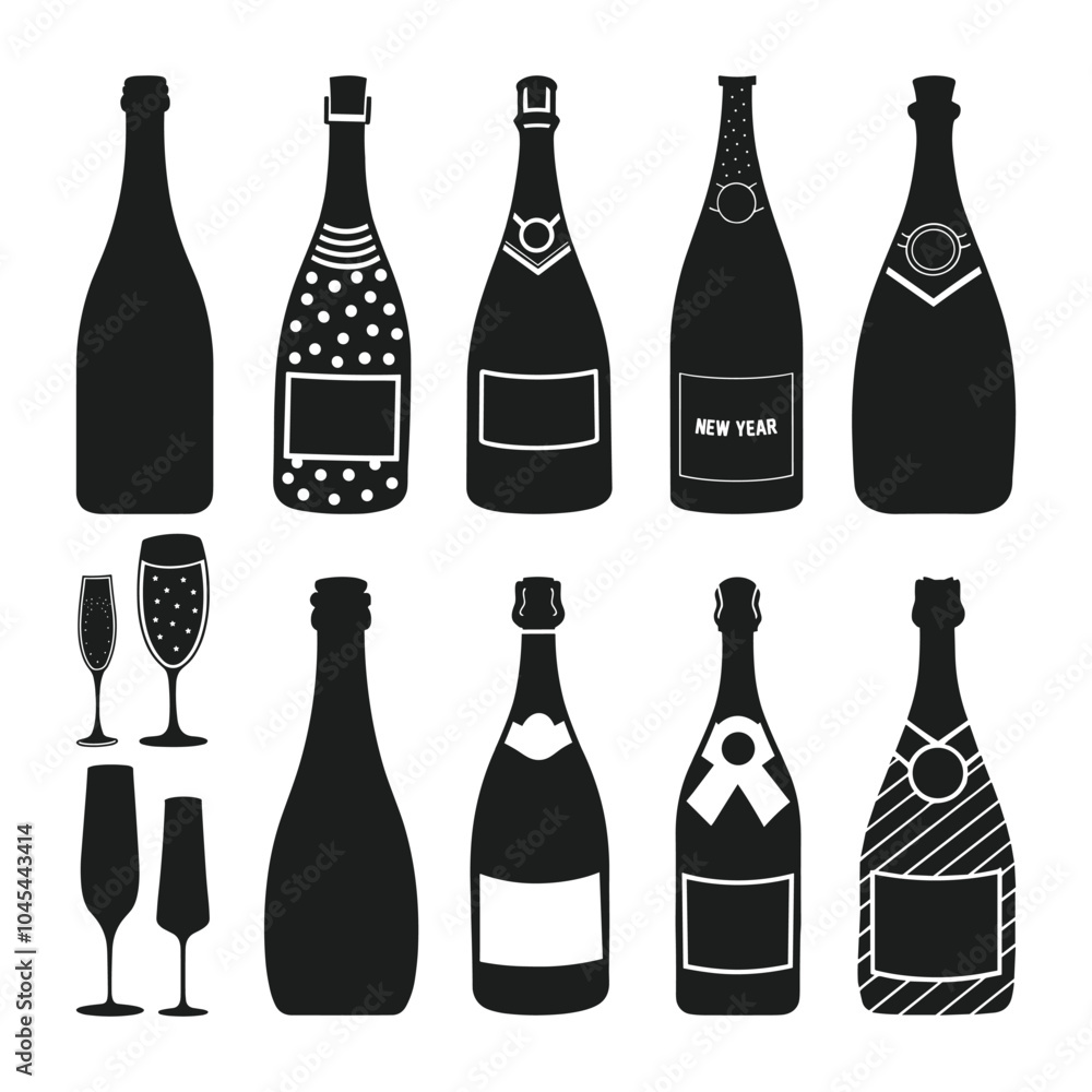 Champagne and Wine Bottles Silhouette Vector Set – Celebration Icons Champagne and Wine Bottles Silhouette Vector Set – Celebration Icons
