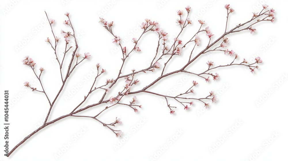 A delicate branch with tiny pink flowers isolated on a white background. A delicate branch with tiny pink flowers isolated on a white background.