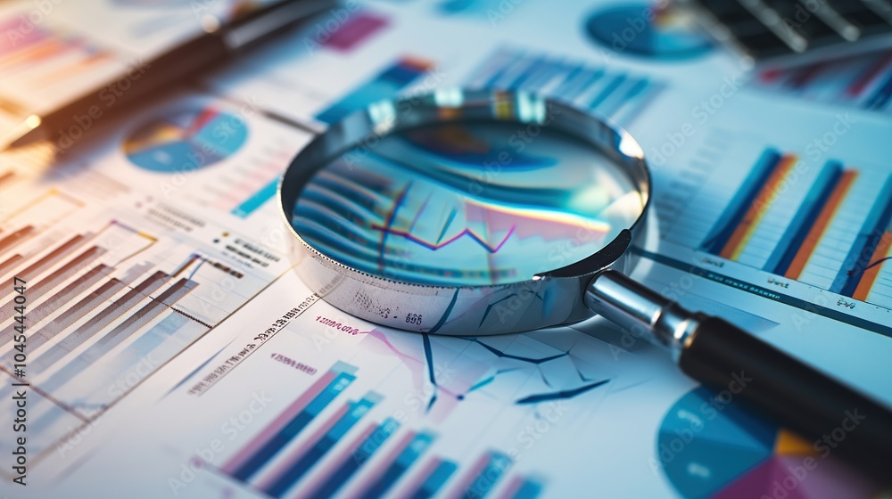 Magnifying glass on charts graphs spreadsheet paper. Business data analytics concept. Magnifying glass on charts graphs spreadsheet paper. Business data analytics concept.
