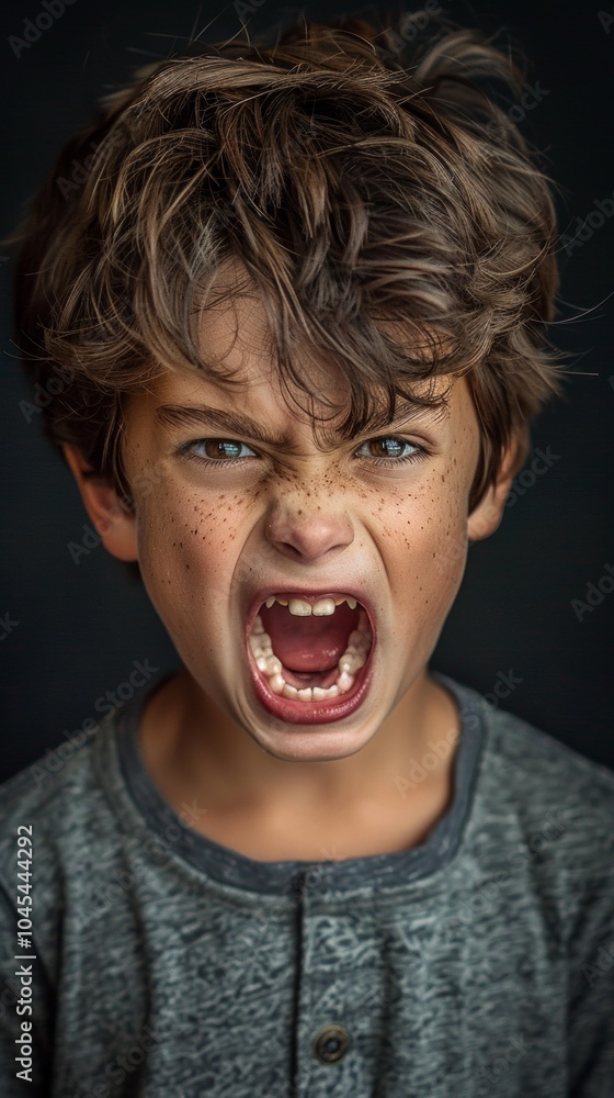 A portrait of a boy with blue eyes, brown hair, and freckles. His mouth is wide open, conveying intense emotion or anger. He wears a grey shirt. A portrait of a boy with blue eyes, brown hair, and freckles. His mouth is wide open, conveying intense emotion or anger. He wears a grey shirt.