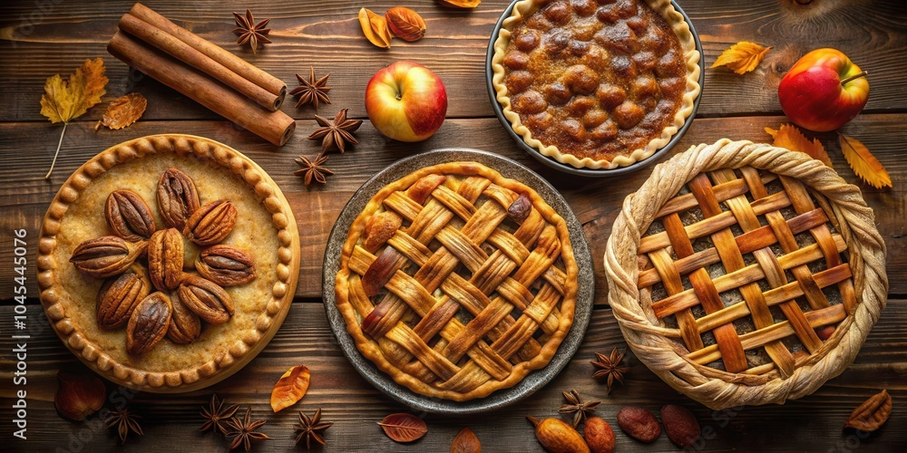 A Festive Spread of Homemade Pies, Featuring Pecan, Apple, and Lattice-Crust Varieties, Adorned with Cinnamon Sticks, Star Anise, and Autumnal Foliage A Festive Spread of Homemade Pies, Featuring Pecan, Apple, and Lattice-Crust Varieties, Adorned with Cinnamon Sticks, Star Anise, and Autumnal Foliage