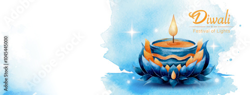 Diwali background banner with Diya candle decoration, festival of lights, watercolor painting design 