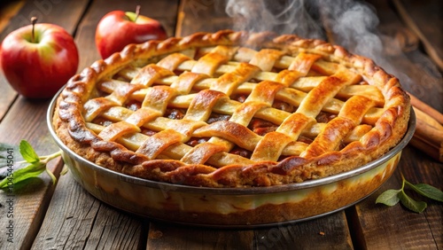 A freshly baked apple pie with a golden crust, radiating warmth and inviting a taste of sweet and comforting flavors.